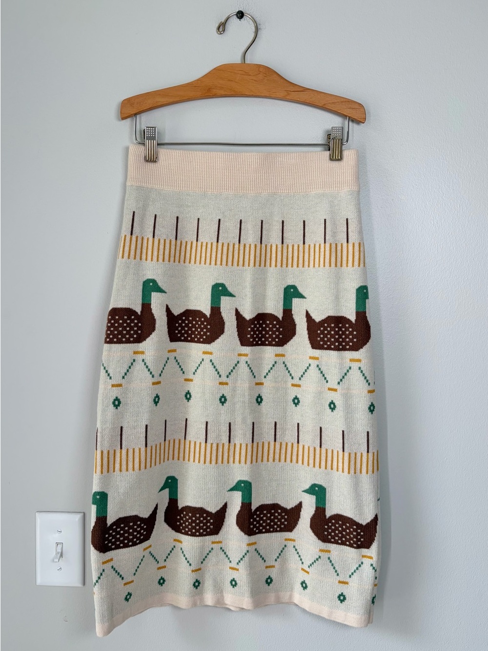 Pepaloves Mallard Duck Novelty Print Knit Midi Skirt Cottagecore Art To Wear